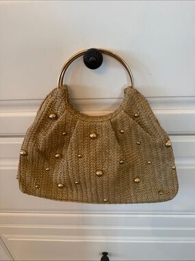 Gold-Bead Embellished Straw Tote - Natural